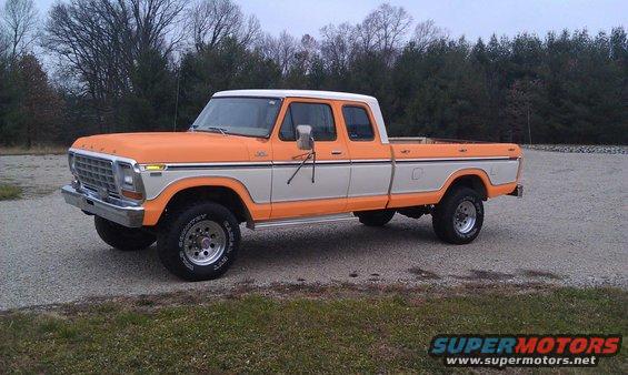 Orange and white 1979 Ford F-Series pickup truck, 3q-front view