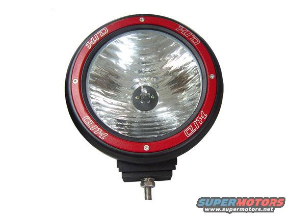 Round off-road light with red trim and 'HID' text. Mounts to a bracket with a bolt