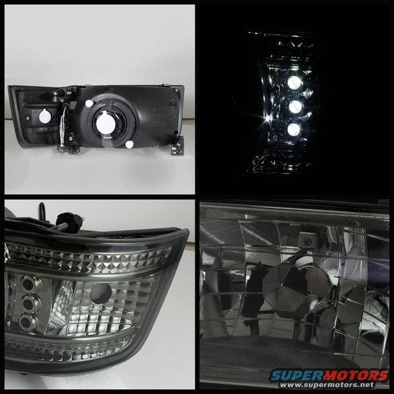 Headlight assembly with clear lens and black housing, showing LED bulbs and mounting points