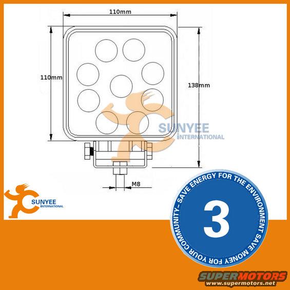 Diagram of a square LED light with dimensions 110mm x 110mm and 138mm height, showing 9 circular LEDs