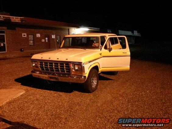 1979 Ford Bronco, white and yellow, 3/4 front view with doors open