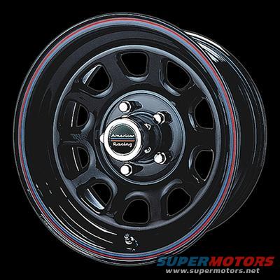 Black American Racing wheel with red and blue pinstripes around the rim