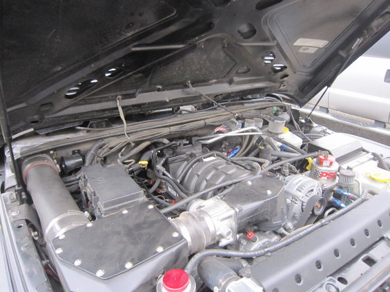 Engine bay with supercharger and custom intake. 2008 Jeep Wrangler