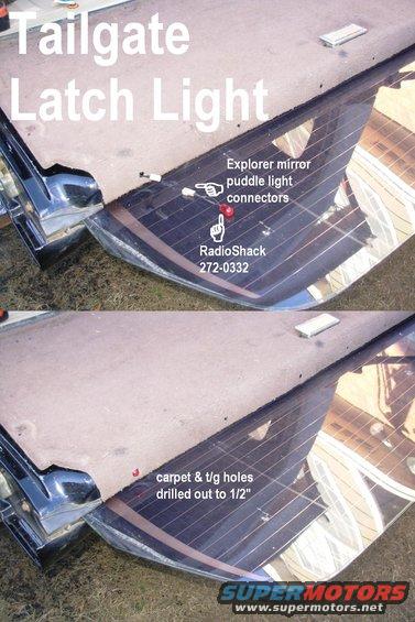 latchlighu.jpg Tailgate Latch Light indicates that the latch is not fully closed when attempting to operate t/g window motor.
IF THE IMAGE IS TOO SMALL, click it.

[url=http://www.supermotors.net/registry/media/71412][img]http://www.supermotors.net/getfile/71412/thumbnail/mechanism-inside.jpg[/img][/url] . [url=http://www.supermotors.net/registry/media/922714][img]http://www.supermotors.net/getfile/922714/thumbnail/latchindicator.jpg[/img][/url]

This can be any common 12V incandescent panel lamp.  It's simply wired across the safety switch [url=http://www.amazon.com/dp/B0011DY1S2/]Motorcraft SW5163[/url] in a '78-96 Bronco tailgate.  If the window doesn't work, and the lamp lights, the problem is that the safety switch isn't closed, probably due to the the tailgate latches not being fully closed, and [url=http://www.fourdoorbronco.com/board/showthread.php?t=5224]the tailgate should be re-aligned[/url].  If the lamp DOESN'T light when the window won't move, the fault is elsewhere.

[url=http://www.supermotors.net/registry/media/929775][img]http://www.supermotors.net/getfile/929775/thumbnail/tgcircuitmods.jpg[/img][/url]

An LED should NOT be used because it will only work for one window direction (either up or down).