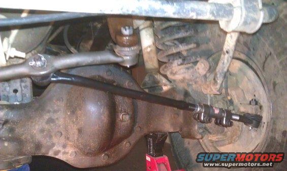 Close-up of front steering linkage and suspension parts