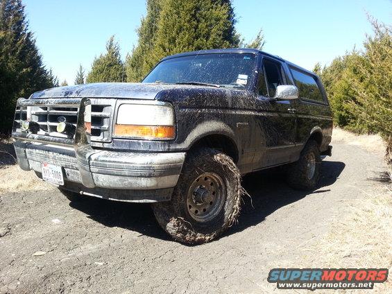 Muddy black Ford Bronco on a dirt road, trees in background. License plate reads R12-5006