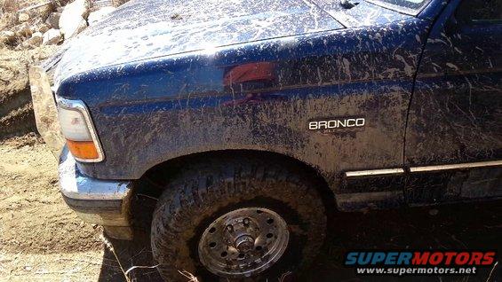 Mud-covered blue 1995 Ford Bronco, front quarter panel and wheel visible