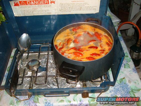 Pot of crawfish cooking on a portable propane stove