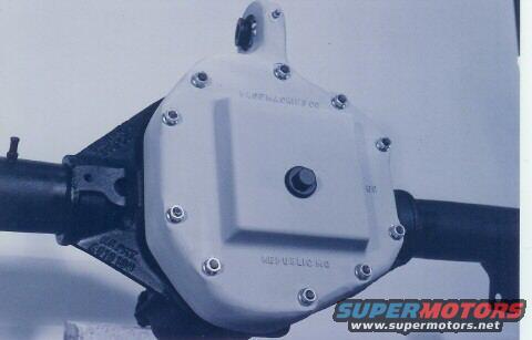 Rear axle differential cover with visible text and bolts