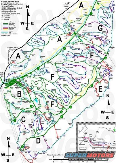 superliftsctinset.jpg SuperLift Off-Road Park (South side, truck version) UNofficial trail map

Before printing, click the image to make sure you have the largest version. This page is proportioned to be printed on legal paper.

Diamond ratings (black dots) are the park's ratings around the upload date; colors are my opinions. For north trails, see:

[url=https://www.supermotors.net/registry/media/970070_1][img]https://www.supermotors.net/getfile/970070/thumbnail/superlift-nctinset.jpg[/img][/url]

The new website is https://hotspringsoffroadpark.com/ .