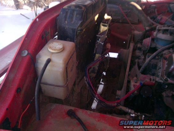 Engine bay with coolant reservoir and fan