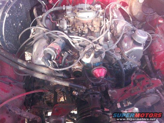 Engine bay with carburetor, distributor, and spark plug wires visible