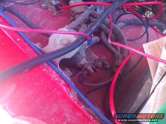 Close-up of red painted metal with a complex engine wiring harness, red and blue wires, and corrugated tubing