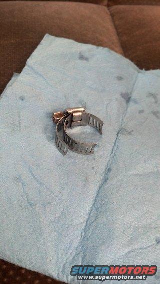 20130313_161216_908.jpg Hose clamp that came with Derale Remote Filter kit.  It was installed for less than a month before it snapped, blowing trans fluid all over the side of the Bronco.  Luckily I caught it in time, and didn't blow up my freshly built Wide Ratio AOD!!!