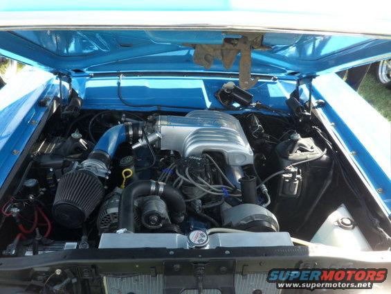 Blue engine bay with a silver intake manifold and black air filter. The hood is open