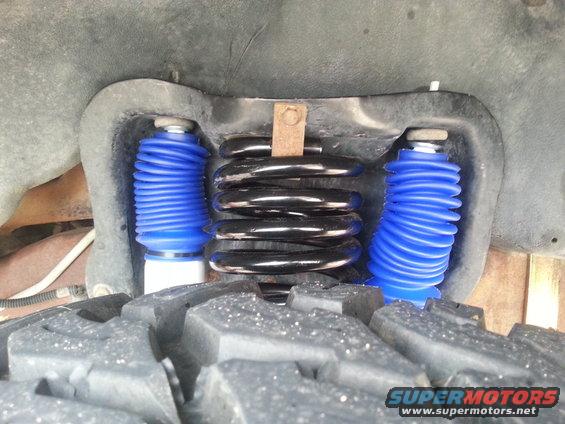 Close-up of blue bellows shock absorbers and black coil springs on a vehicle's suspension, with a large tire in the foreground