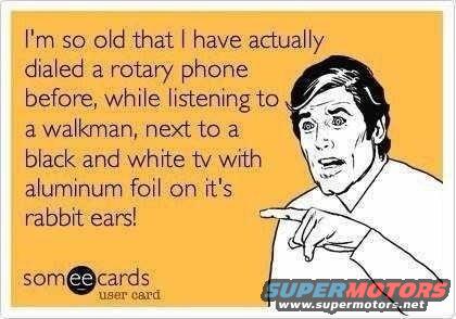 E-card with text about rotary phones and walkmans, and a cartoon man pointing