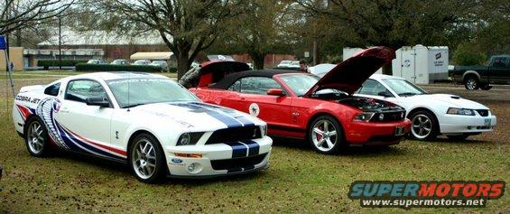 White Mustang with Cobra Jet graphics, red convertible Mustang, and white Mustang parked outside