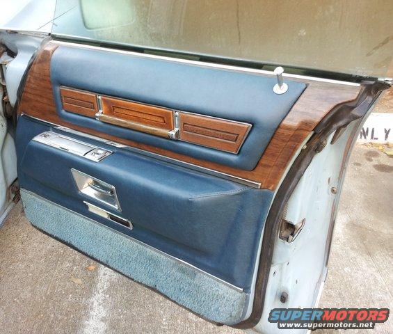 blue vinyl and wood grain door panel with chrome accents