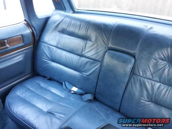 Back seat of a car with blue leather upholstery and a seatbelt