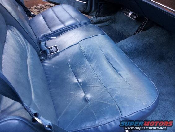 blue leather car seats and carpet, seatbelt visible