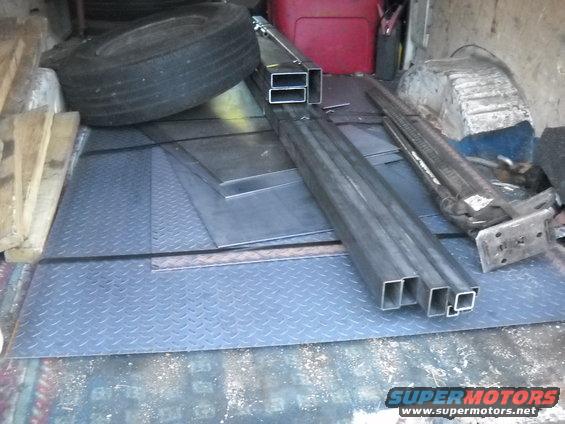 8-10-2012:  

I had placed an order for all the metal I need for the cab, front clip, frame and some pieces for my headers and intake manifold. Today I got my metal order picked up. It doesn't look like a whole lot but there is just under 700 pounds there!  Not to mention my wallets a whole lot lighter!

