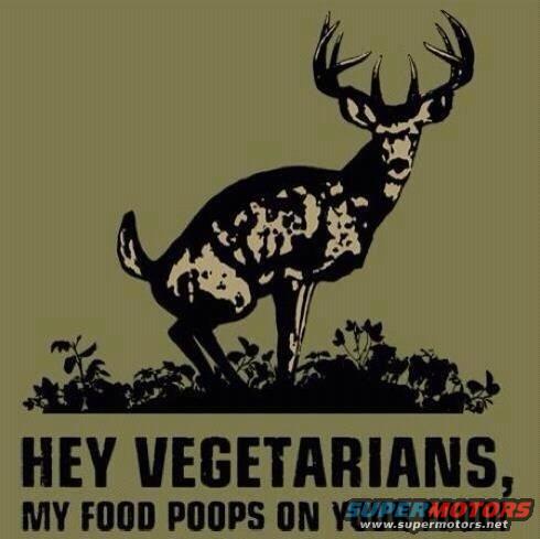 Graphic of a deer standing in grass with text that reads "HEY VEGETARIANS, MY FOOD POOPS ON Y"