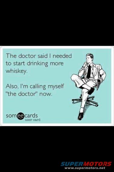 E-card with text about doctor recommending whiskey and a drawing of a man sitting in a chair