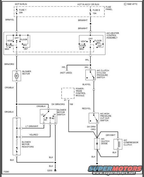 Automotive wiring diagram showing blower motor, A/C controls, and power-train control module