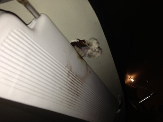 Car interior ceiling with a sun visor and some debris stuck to it