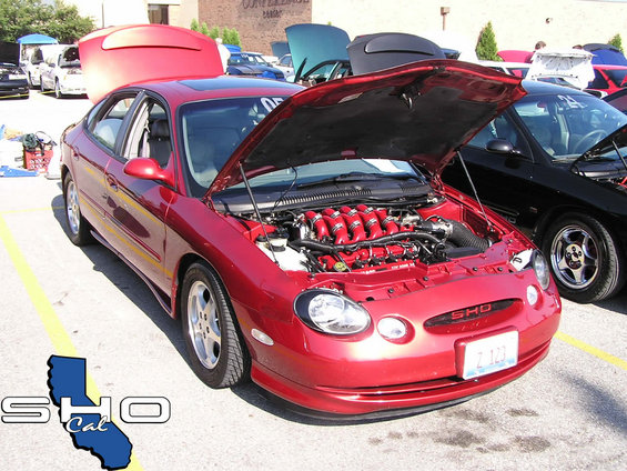 Red 2000 Ford Taurus SHO with hood open, V8 engine visible. License plate Z 123