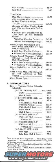 Document listing optional tires and wheels for vehicles, with prices