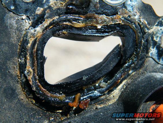 Close-up of a damaged, greasy rubber gasket with debris