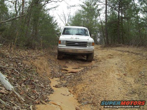 White Ford F-Series truck driving on a dirt trail through woods