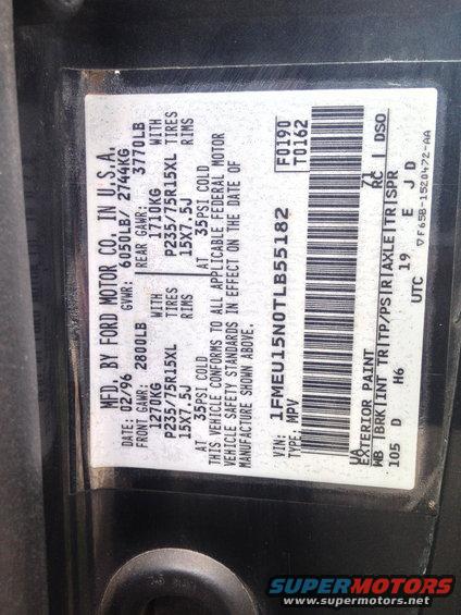 Ford Motor Co. VIN sticker showing 1996 manufacturing date and vehicle details
