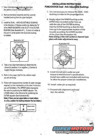 Installation instructions document for Ford/Dodge Dual-Axis Adjustable Bushings with diagrams