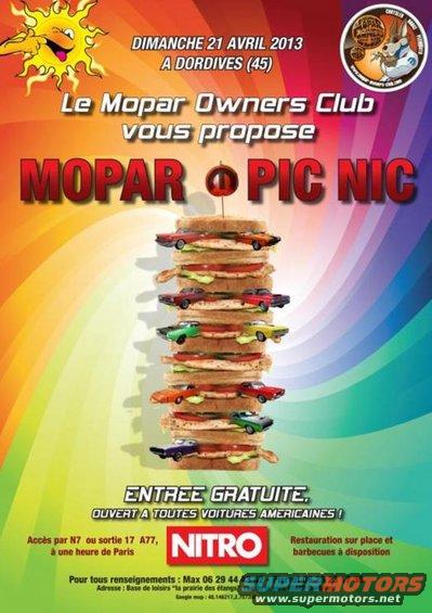 Poster for Mopar Owners Club picnic with a stack of sandwiches topped with toy cars
