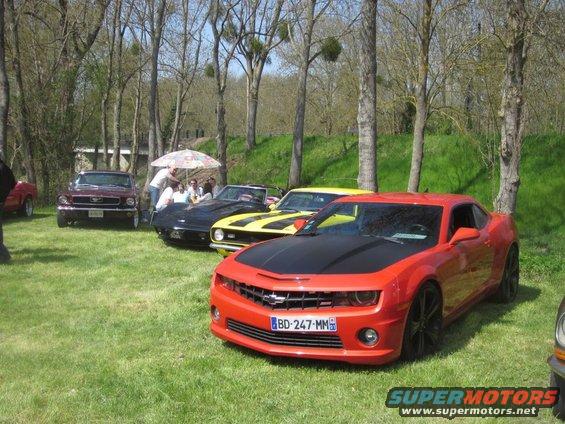 Red Chevrolet Camaro with black hood and license plate BD-247-MM