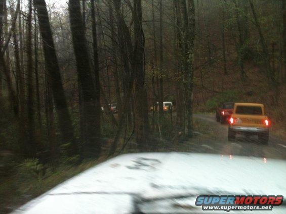 Several SUVs driving on a wet, wooded road