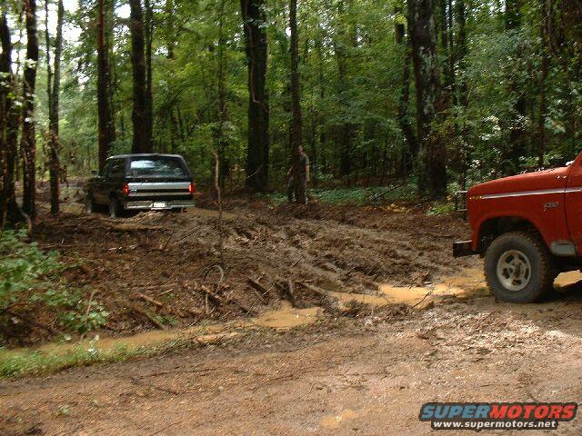 red Bronco and black Bronco stuck in mud in woods