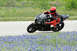 2001 Kawasaki KZ1000-A1 - A rider in red gear leans into a turn on a black sport motorcycle on a track bordered by bluebonnets.