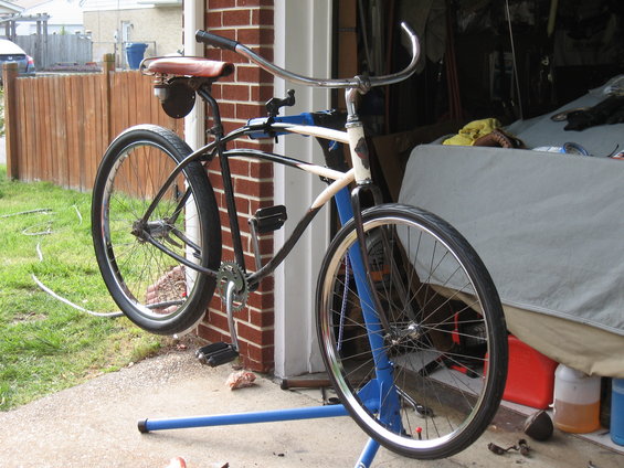 Bicycle on repair stand, front view