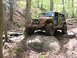 1979 Ford Bronco - A green Jeep Wrangler navigates a rocky, wooded path, demonstrating off-road capability.