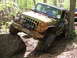 1979 Ford Bronco - A Jeep navigates a challenging off-road obstacle on a dirt path surrounded by trees.