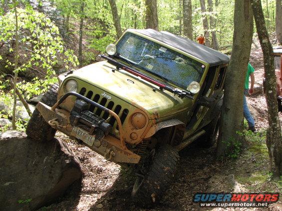 Green Jeep Wrangler off-roading, front tire on rock, leaning against tree
