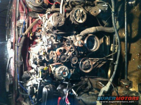 Radiator support removed in preparation for engine removal.