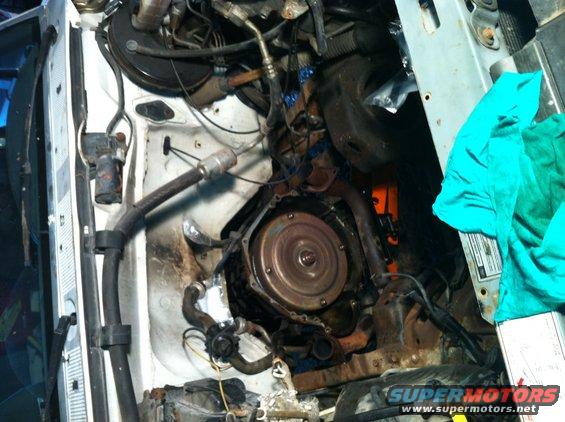 White vehicle engine bay with transmission housing visible, hoses, and wiring