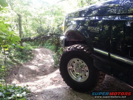 Dark blue 1995 Ford Bronco XLT with off-road tires on a wooded trail