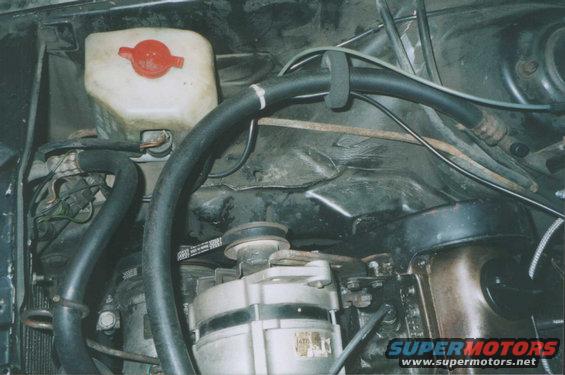 Close-up of engine bay with coolant reservoir, alternator, and hoses visible