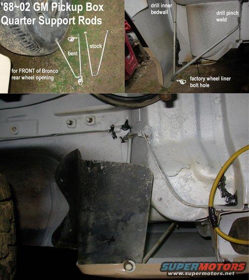 35bedrod.jpg Quarter Panel Support Rods

Rather than continue using the nut/bolt arrangement on the factory wheel liners (E9TZ-9928370-B), I found these bed quarter support rods on old GM trucks, and bent them to fit.  It took some guesswork (& filing) to get the front bolt location, but they seem to help.

I made similar ones for the rear part of the wheel openings.

[url=http://www.supermotors.net/registry/media/983087][img]http://www.supermotors.net/getfile/983087/thumbnail/35bedrodv.jpg[/img][/url]

The heavy yellow wire is from the aux.batt. binding post to the power inverter.

[url=http://www.supermotors.net/registry/media/995986][img]http://www.supermotors.net/getfile/995986/thumbnail/42inverter.jpg[/img][/url]